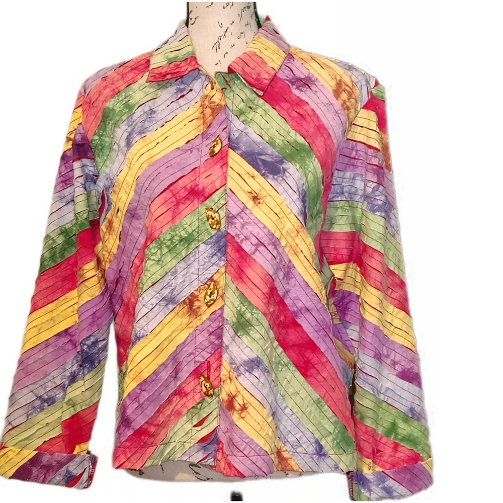 VTG 90s Keren Hart Rainbow Art To Wear Patchwork Button Front Jacket M Cotton